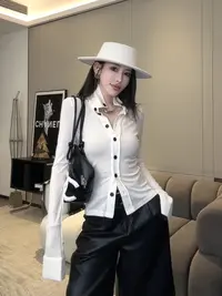 EH白色上衣收腰翻领长袖常规显瘦衬衣打底百搭厚款短款W3017