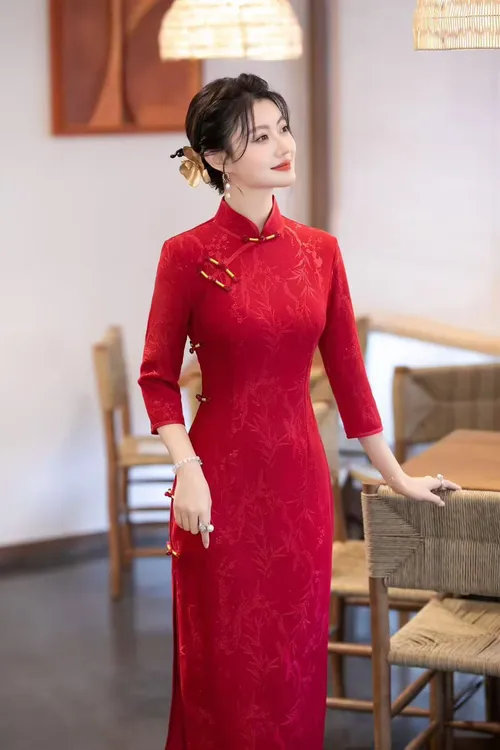 【秋款富贵竹】2025中国风红色气质时尚修身高端丝棉苏州旗袍A15