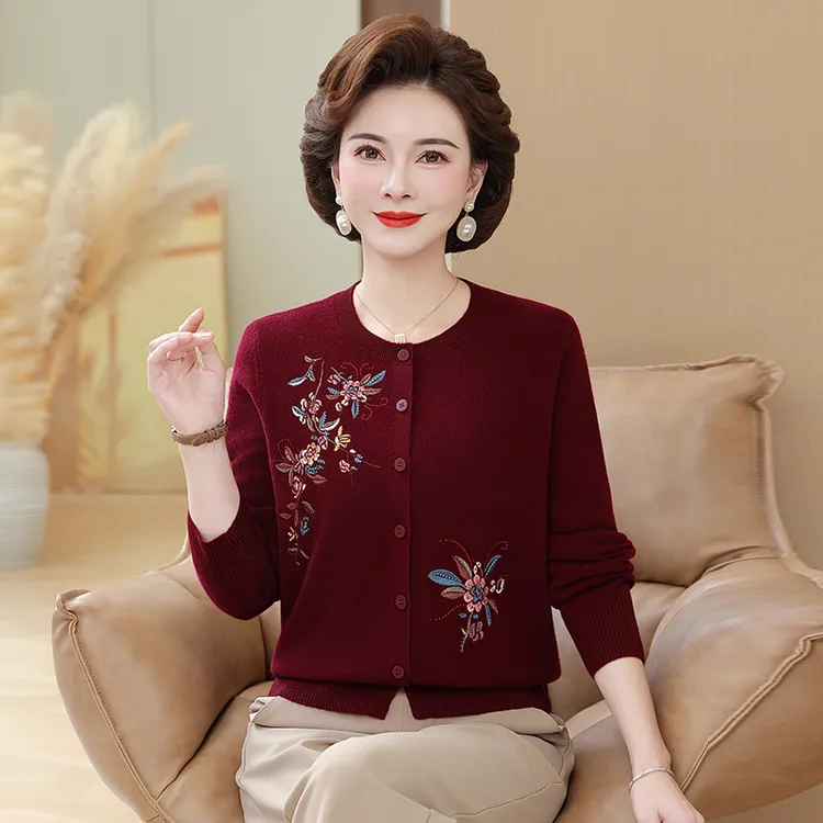 100%纯羊毛针织开衫中老年洋气妈妈装女母亲衣服女士气质长袖