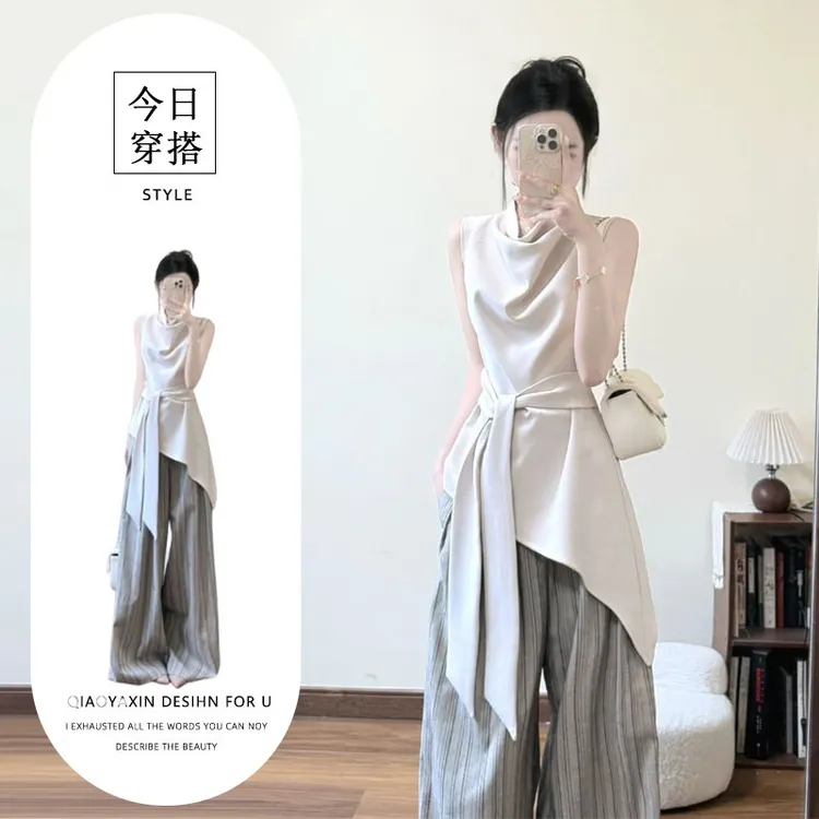 2025夏季新款韩系穿搭高级感荡领收腰绑带上衣阔腿裤气质两件套女