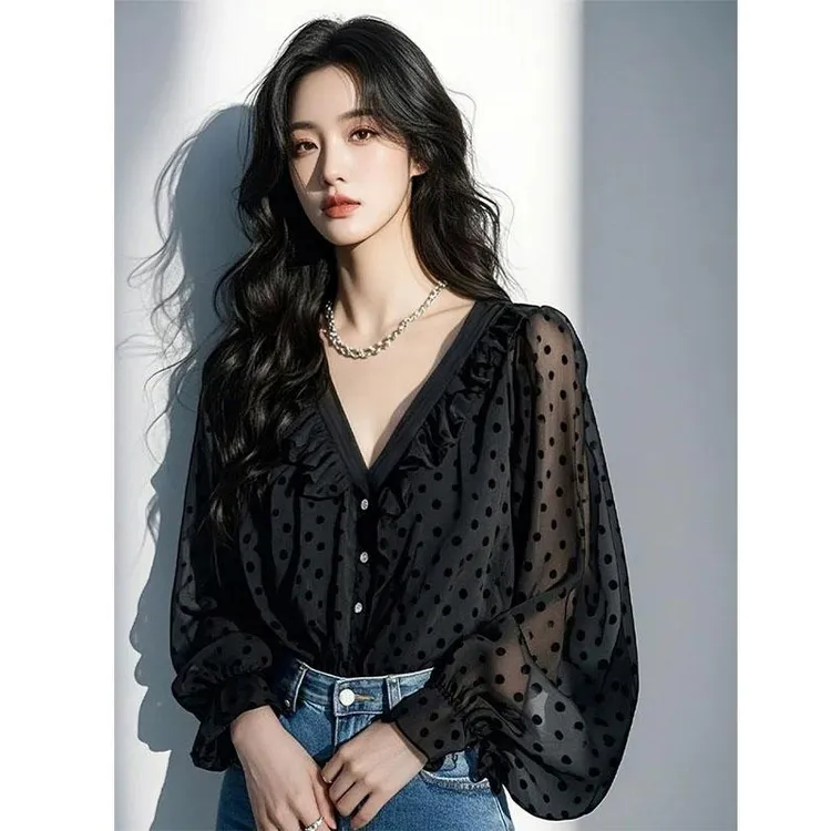 法式爆款高级感黑色波点荷叶边女装雪纺衬衫2025春秋时尚百搭上衣