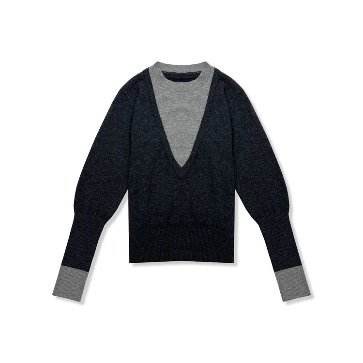 【冬姐精选】女款假两件V领羊毛套头针织/22623