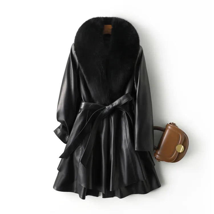 海宁头层绵羊皮鹅绒服可脱卸内胆毛领外套皮衣时尚真皮中长款