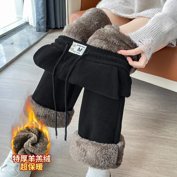 雪尼尔微喇裤女秋冬新款羊羔绒棉裤大码休闲直筒显瘦加绒裤子冬季