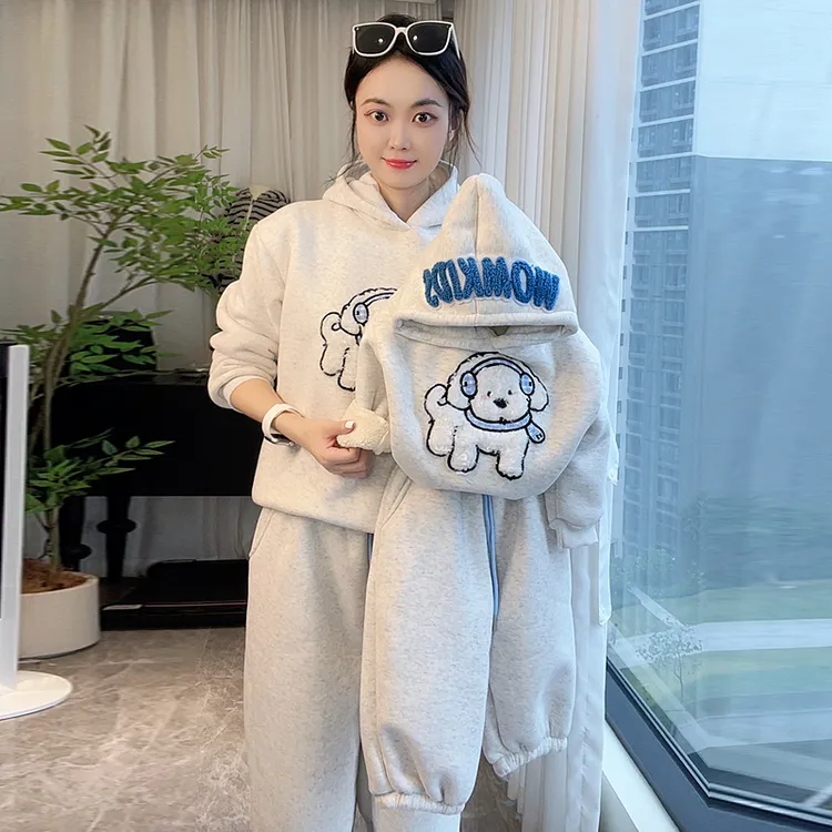 【加厚套装】贴布绣亲子款男女童套装时尚百搭休闲舒适连帽两件套