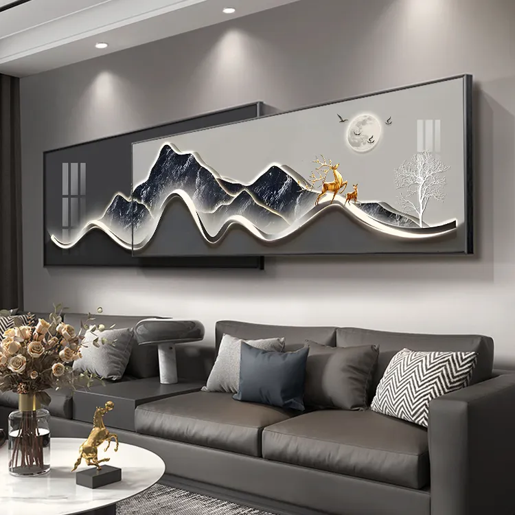 现代轻奢沙发背景墙装饰画背有靠山高级感大气客厅挂画叠加山水画