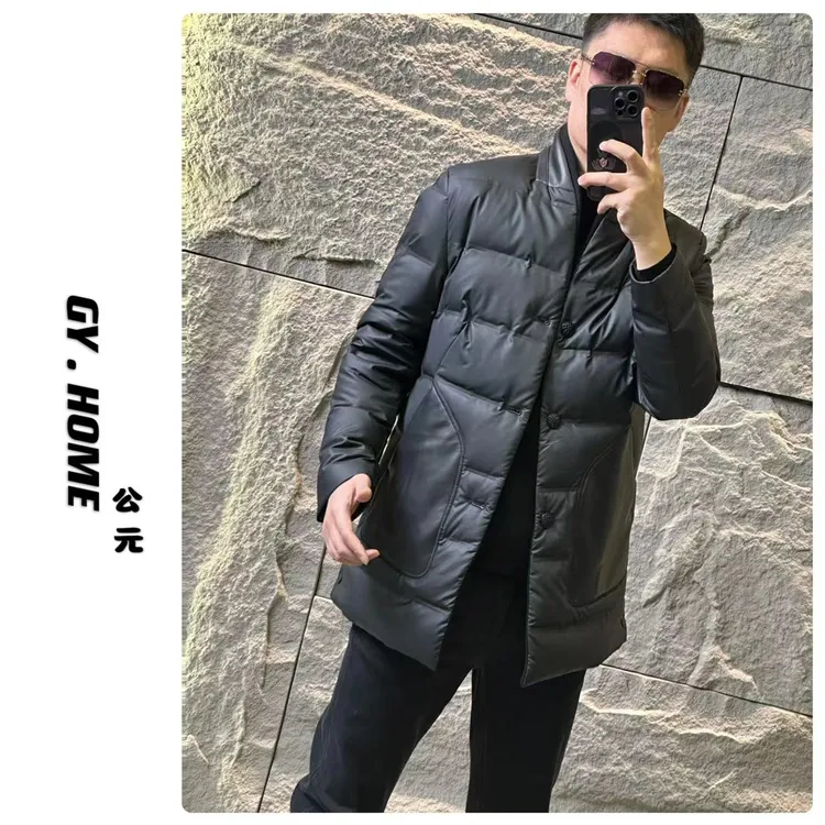 82311【公元·名品】轻奢欧货男装 | 时尚新中式拼皮一手长羽绒外套