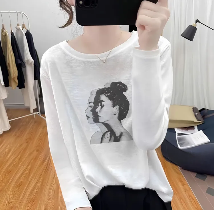 雪花棉圆领透气长袖t恤女夏季宽松休闲风日常百搭大码ins风上衣潮