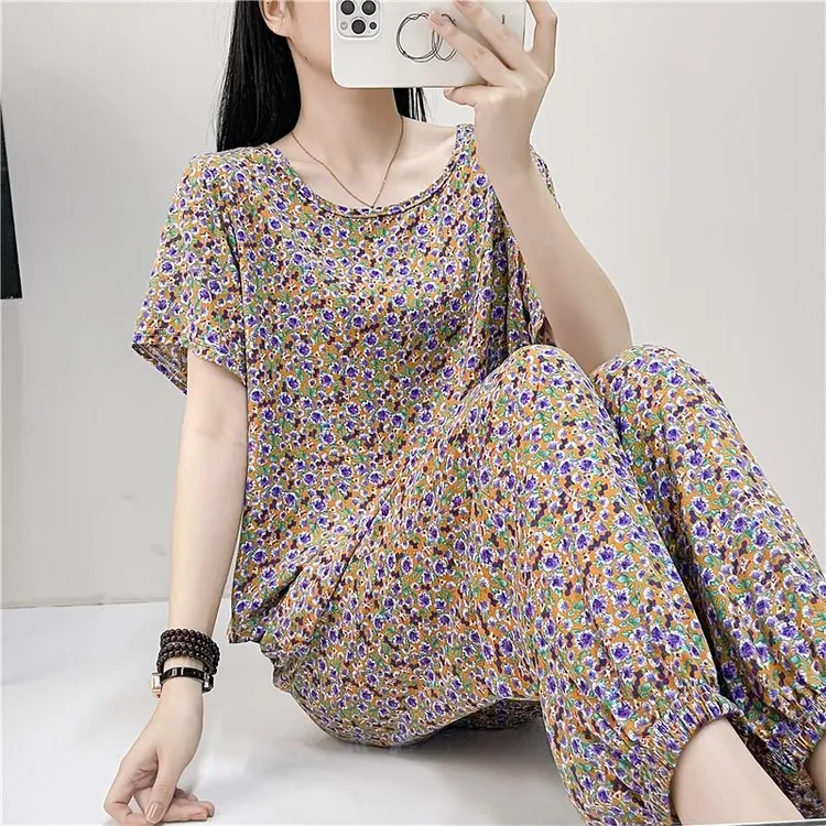 范哲萨棉绸套装女可外穿夏季薄款花色收腰上衣休闲九分裤