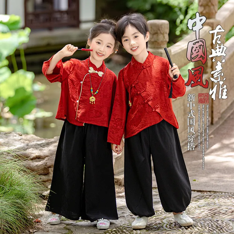 儿童红色汉服新中式服装男童喜庆衣服唐装兄妹装女童滚床结婚礼服