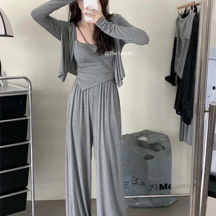 慵懒风套装女夏2024新款减龄防晒开衫上衣吊带阔腿裤裙三件套夏季