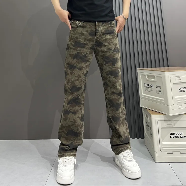 秋冬新款美式复古潮牌高街迷彩痞帅休闲男士中腰弹力直筒牛仔裤