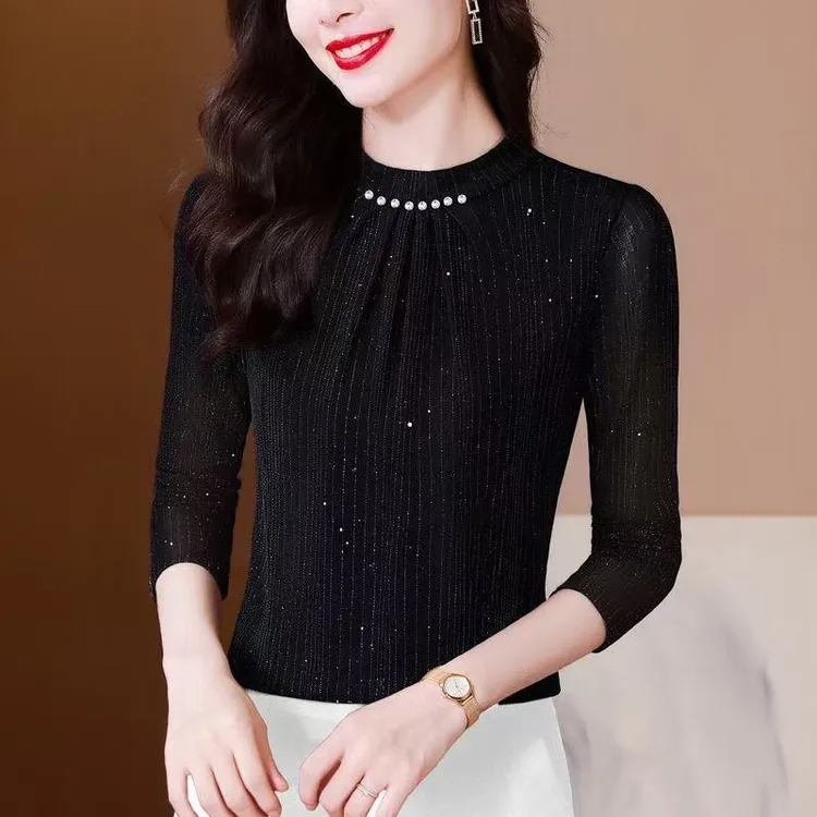 春秋季新款打底衫气质显瘦百搭时尚T恤半高领长袖上衣女