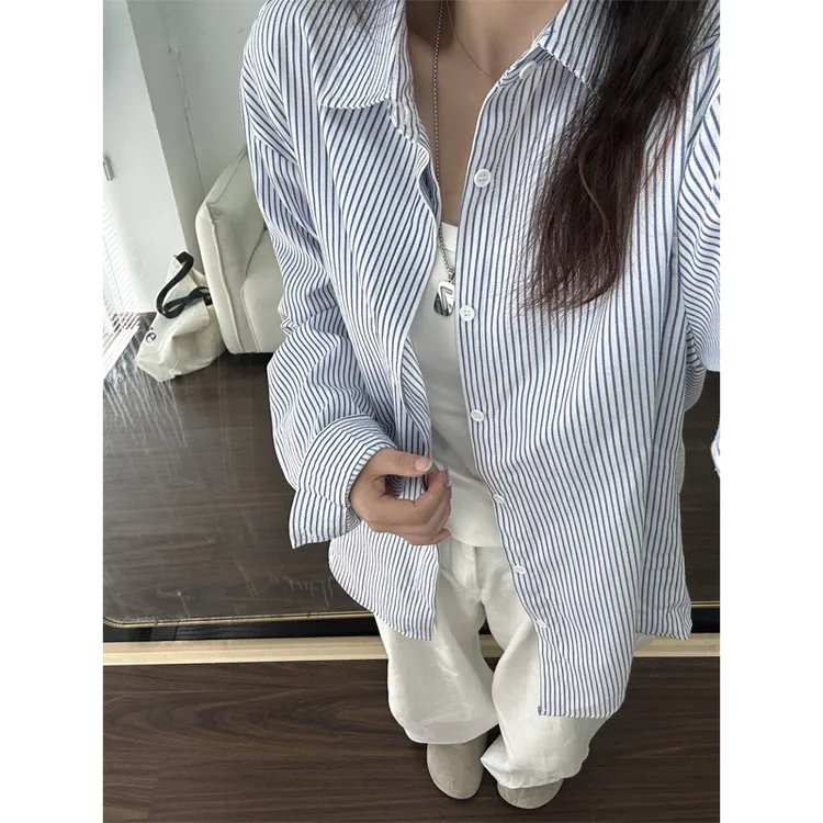 vintage蓝色条纹防晒衬衫男夏薄款长袖衬衣高级感慵懒风情侣外套