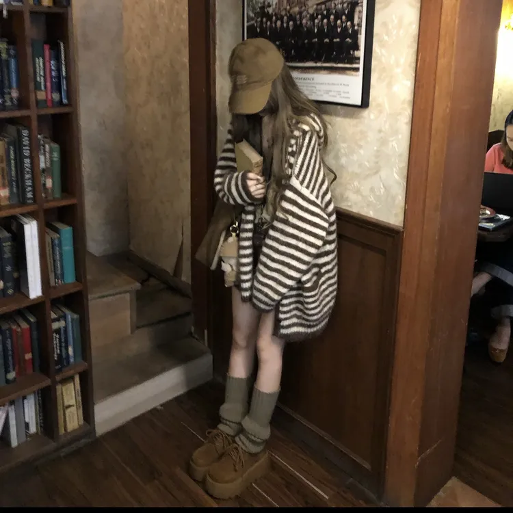 条纹秋季针织连帽慵懒风毛针织衫春秋上衣毛衣开衫