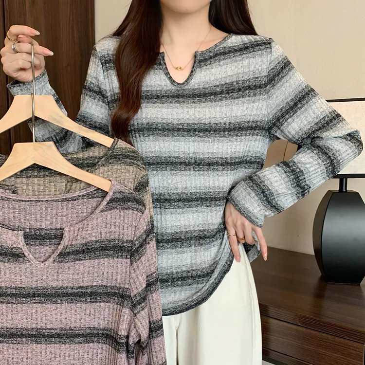 大码女装2025秋季新款条纹打底衫胖妹妹显瘦正肩内搭t恤63517