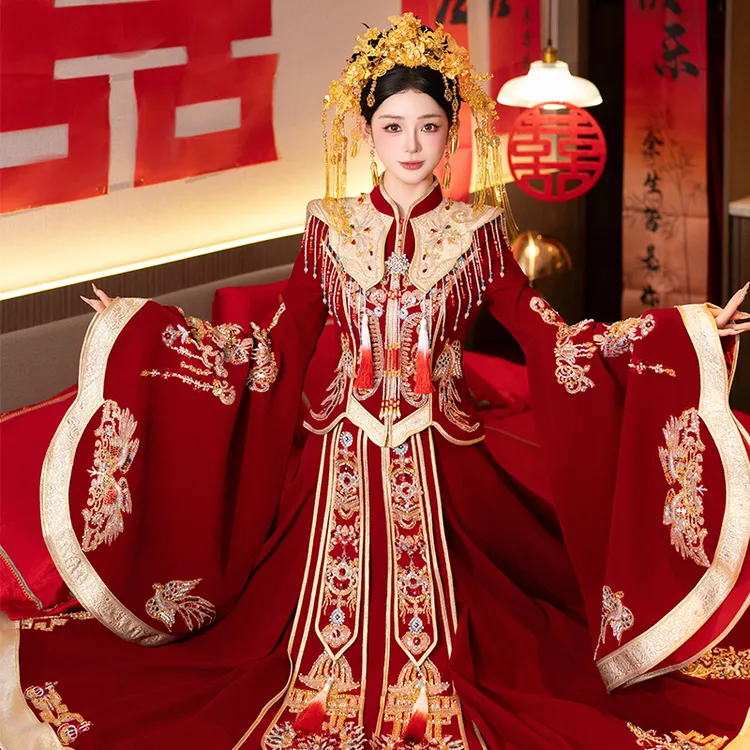 明制婚服喇叭袖大码秀禾服新娘礼服高端敬酒服中式婚纱大袖衫嫁衣