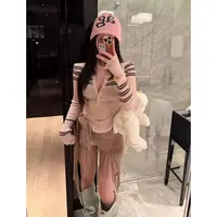 曼曼【初见秋时~】纯欲甜美后背蕾丝撞色条纹针织上衣25934#