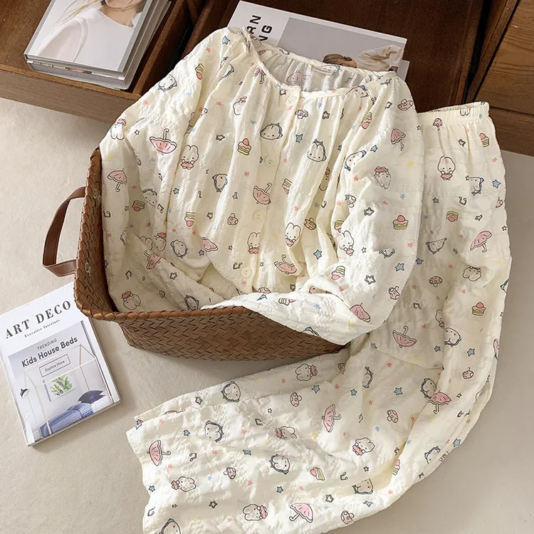 甜美小兔睡衣女春秋季圆领长袖长裤万年格云朵棉宽松家居服套装