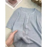 丽丽家~月光蓝夏季薄款针织纯色短袖开衫