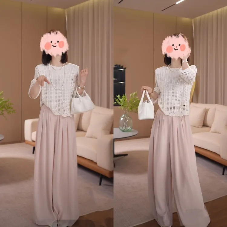 2025夏季欧若风气质设计感镂空针织衫仙气飘飘千金阔腿裤裙两件套