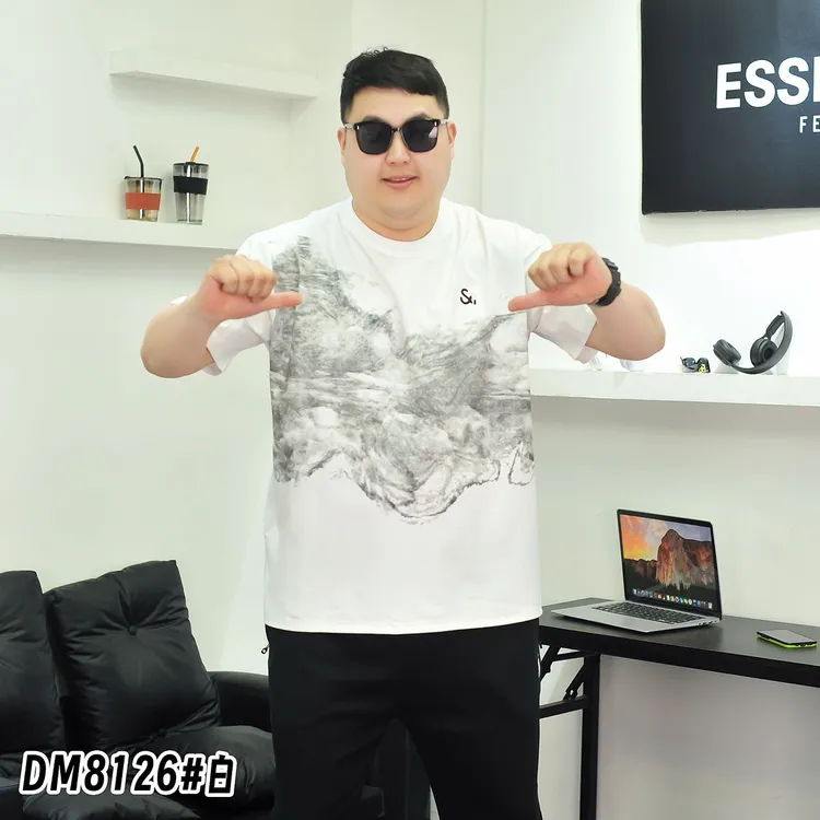 加肥加大字母印花短袖t恤街头大码圆领纯棉半袖男潮dm8126