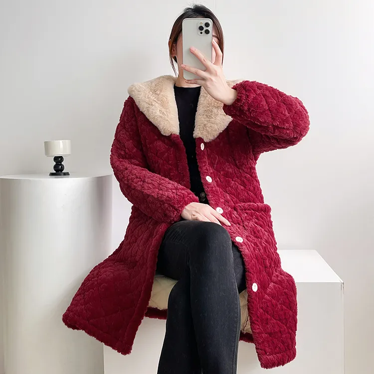 女装加绒加厚棉袄冬季棉服中年妈妈中长款宽松棉睡衣洋气罩衣外套