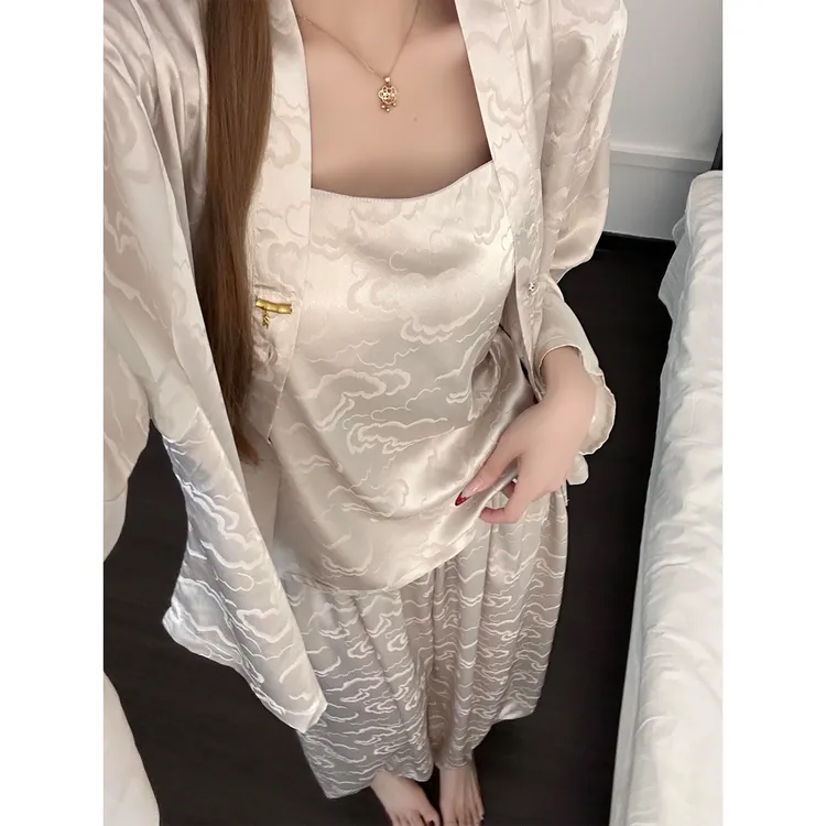 中式复古设计感吊带睡衣女夏季新款大码冰丝开衫长裤家居服两件套