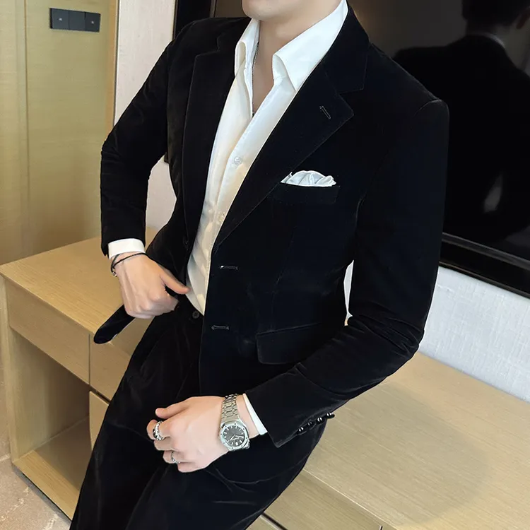 CATIA SELI高级感金丝绒轻奢结婚西服套装男士礼服帅气西装两件套