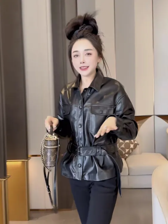 韩版复古设计感小众翻领皮衣外套女春季新款腰带收腰显瘦夹克上衣