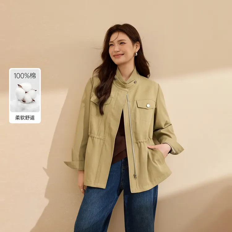 【柏林叙事】纤莉秀W大码女装流光风立领轻工装风衣外套QK3576