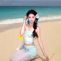 海边度假穿搭绝美辣妹套装沙滩裙抹胸上衣蓝色网纱半身长裙两件套