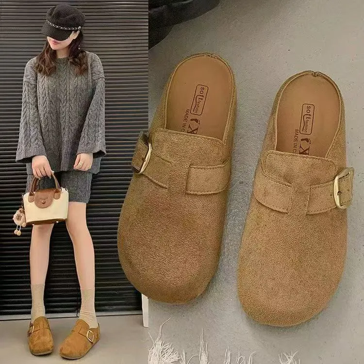 皮带扣平底素面中跟包头拖半拖复古