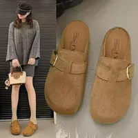 皮带扣平底素面中跟包头拖半拖复古
