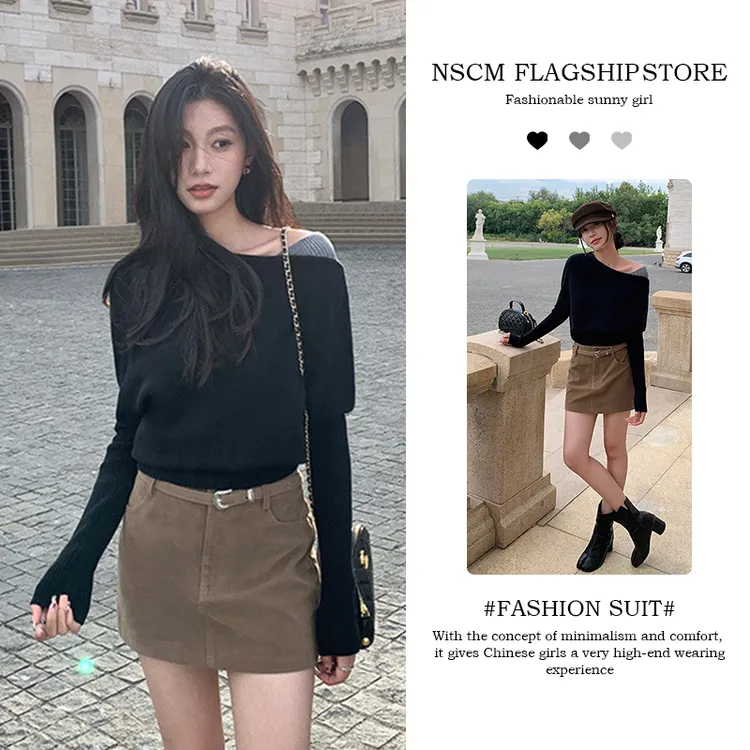NSCM网红洋气炸街女装小众斜肩拼接针织衫气质上衣时尚复古短裙