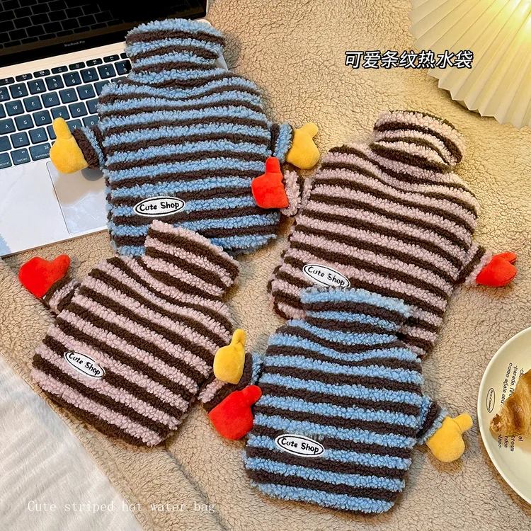 1000ml条纹毛绒热水袋加厚内胆安全防爆注水式大号暖手宝文具收纳