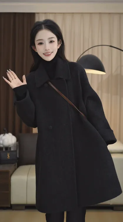 韩版中长款绵羊毛大衣小个子宽松秋冬女长毛呢气质外套