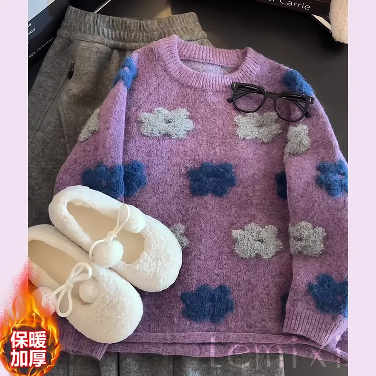 女童立体花朵加厚毛衣2025新款秋冬慵懒风针织衫内搭上衣冬装保暖