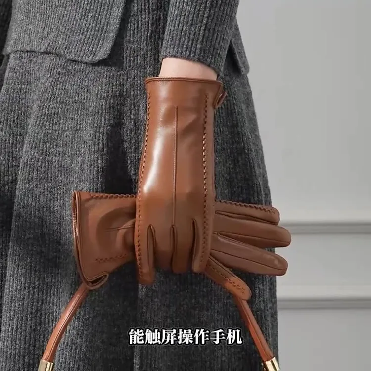 女士真皮手套秋冬季加绒保暖触屏骑车开车防风薄款女士皮手套弹力
