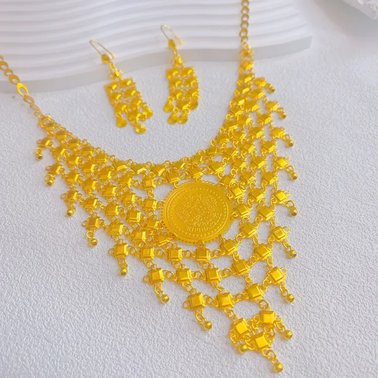 铜合金项链 铜合金时尚项链首饰配饰锁骨链金色饰品连件套3036