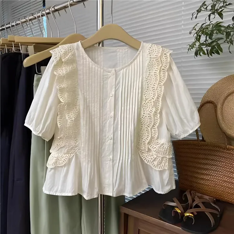 香朵儿褶皱拼接设计感泡泡袖衬衫2025年夏季新款高级轻奢女装上衣