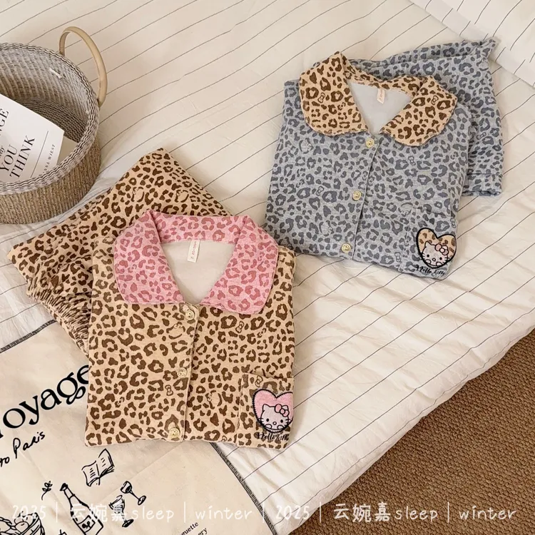 豹纹HelloKitty亲肤双面绒睡衣女款秋冬季保暖套装家居服可外穿