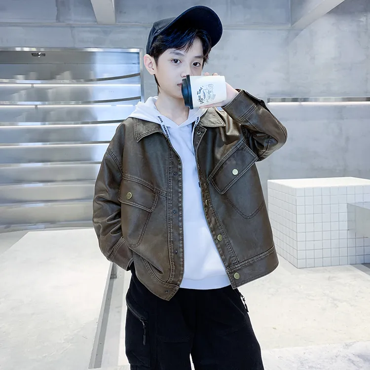 男童皮衣外套春秋款6-12岁中大童男孩帅气青少年儿童皮夹克洋气潮