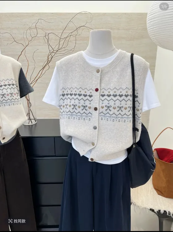 气质菱形蝴蝶结白色针织马甲女秋季外搭叠穿时尚毛衣坎肩外套马夹