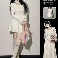 秋冬季新款法式优雅玫瑰花设计一字肩长袖连衣裙28762-528762球