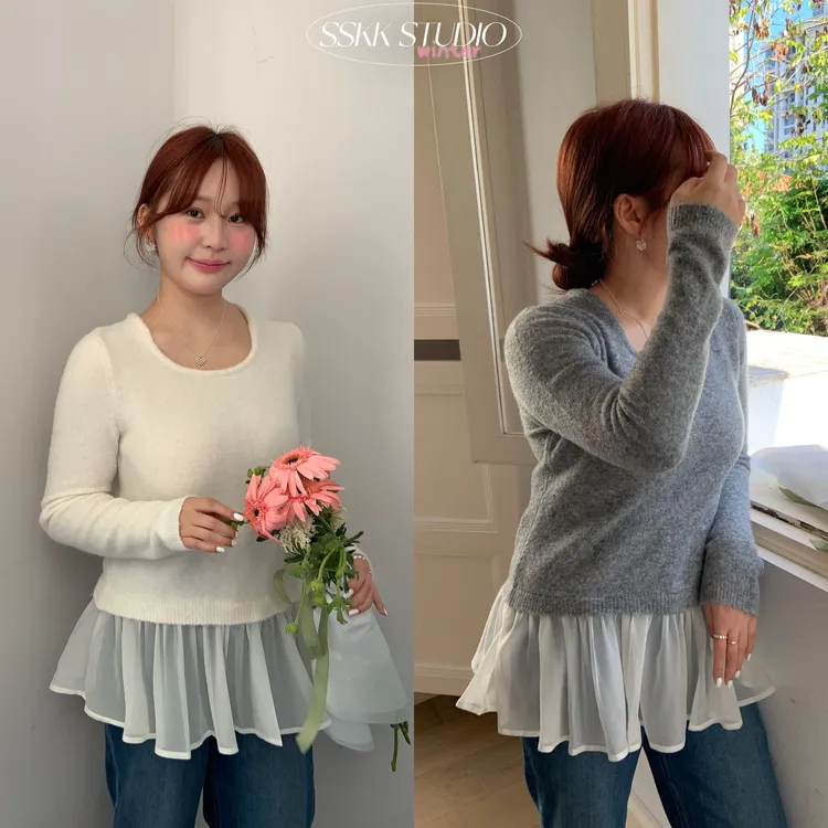 KMZY/KMZY山_山【心动瞬间】微胖韩版U领网纱拼接假两件毛衣打底衫