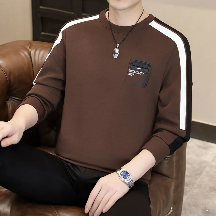 高档圆领卫衣常男士秋季新款时尚拼色百搭休闲上衣潮流男长袖t恤