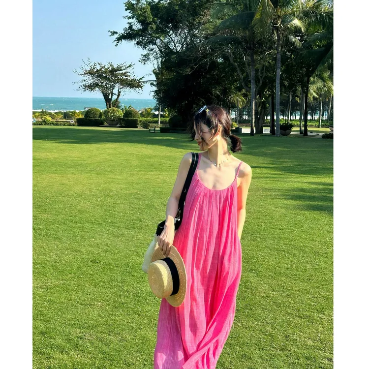 【西梅】春夏大U领吊带宽松腰显瘦大露背海边度假小众女装裙子