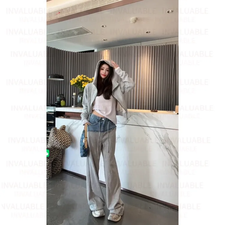 灰色牛仔拼接高腰抽绳直筒港风小个子休闲长裤