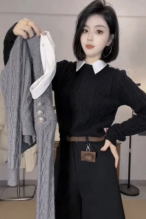 韩系假两件衬衫领毛衣女秋冬爆款小个子慵懒高级感针织衫短款上衣